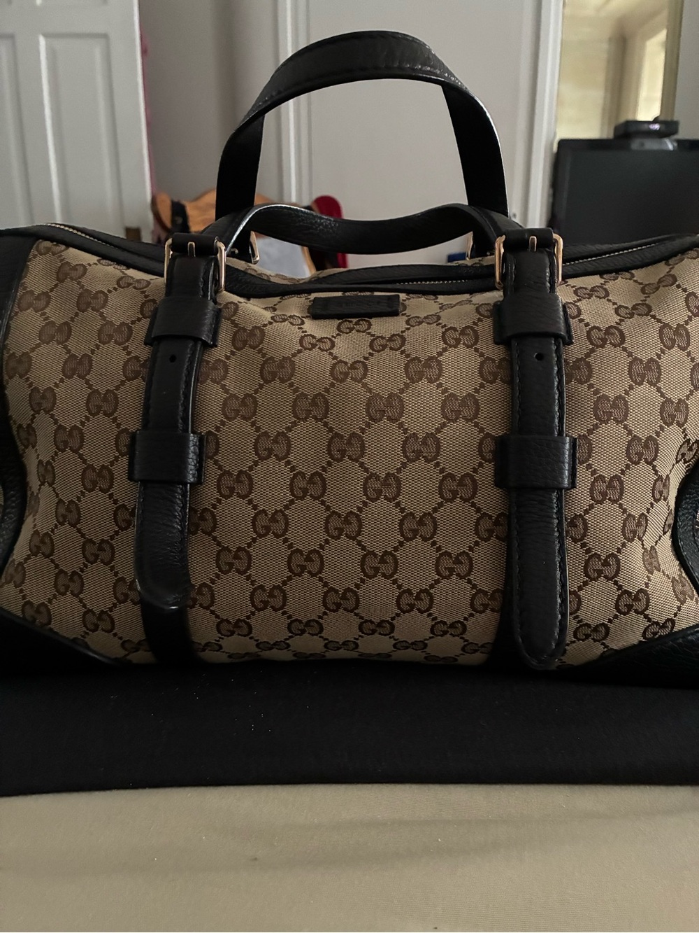 Gucci Tan/Brown GG Canvas Shoulder Bag with Black Leather Trim